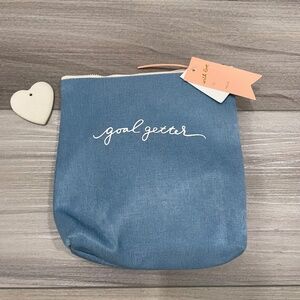 NWT GOAL GETTER Chambray-Look Pouch with Top Zipper & Pink Polka Dot Lining